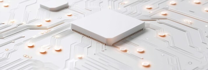 Close-up view of a circuit board with microchip and traces