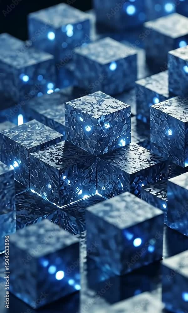 Poster abstract blue metallic cubes arranged in a geometric pattern with light and reflection