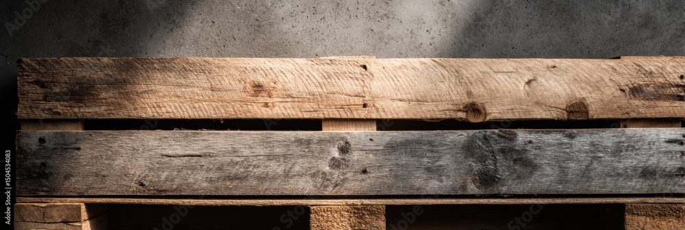 Poster wooden planks arranged on a pallet under neutral light in an empty space showcasing natural textures