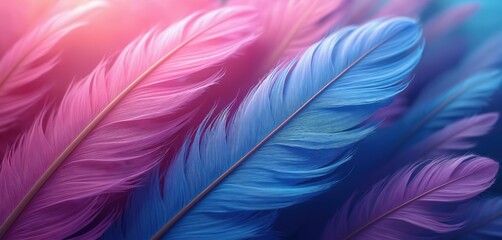 Abstract illustration of purple, pink, blue feathers. Soft fluffy texture, detailed structure, close-up view. Airiness, lightness, beauty. Ideal wallpaper, textile, interior design, decoration.