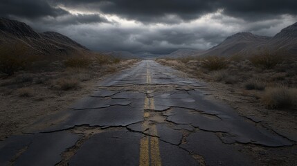 Deserted cracked road under dark clouds in mountainous landscape