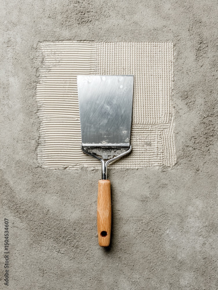 Aufkleber Spatula for Tile Adhesive Application With Concrete Surface and Pattern Sample in Construction Workspace