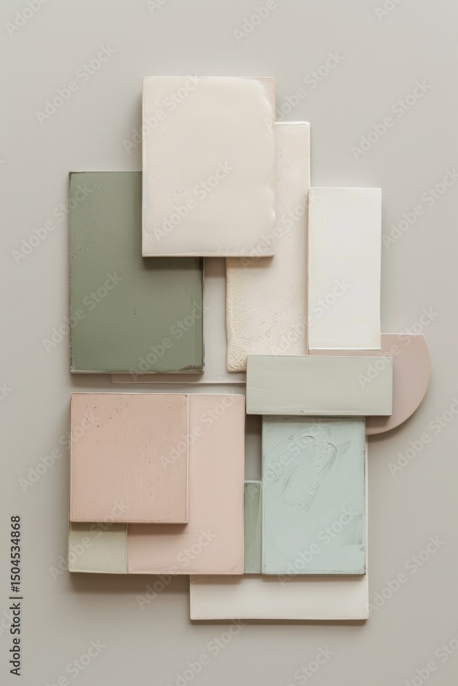 Poster abstract composition of asymmetrical rectangles in muted tones on gray background