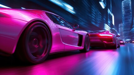 Sleek sports cars racing on futuristic neon-lit highway