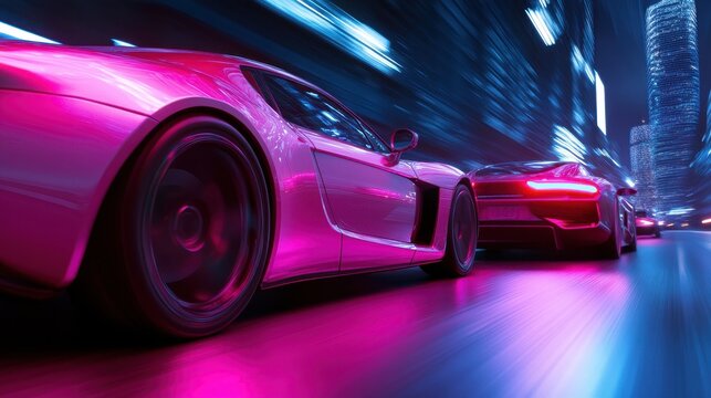 Sleek sports cars racing on futuristic neon-lit highway - Powered by Adobe