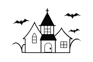 Spooky halloween house bats night silhouette illustration