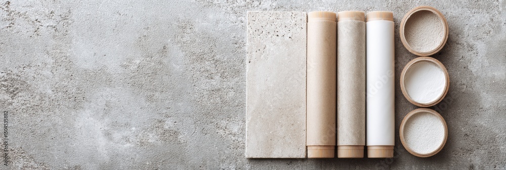 Aufkleber Tubes of Adhesive for Stone and Tile Arranged on a Textured Gray Surface With Space for Text