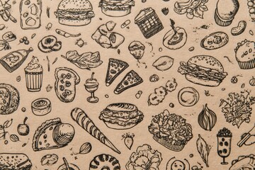 Creative Sticker Collage Featuring Food Doodles on Kraft Texture With Open Space at the Top for Notes or Decoration