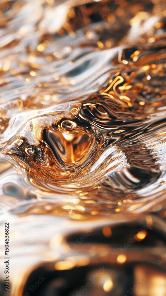 Poster flowing metallic liquid creating abstract ripples. vertical