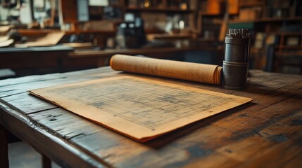 Vintage blueprint and roll of paper on wooden table in workshop setting