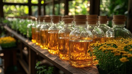Collection of bottled natural oils with vibrant greenery in a rustic setting