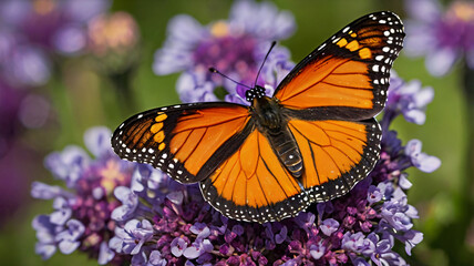 Obraz premium Bright orange monarch butterflies with black wings flutter among colorful flowers in a summer garden, showcasing nature's beauty up close