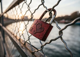 Red Love Lock Padlock with Engraved Heart Symbol of Eternal Love Attached to a Wire Fence, Romantic