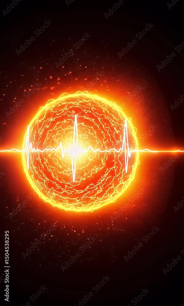 Poster abstract digital animation of a glowing orange sphere with a pulsating white waveform and black back