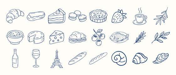 A series of food items are drawn in a stylized way, including a slice of cake, a sandwich, and a bowl of soup. Scene is lighthearted and playful