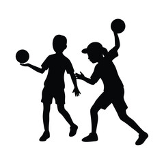 Kids playing pickleball vector silhouette on white background