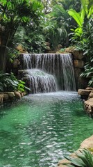 Naklejka premium Dynamic waterfalls cascading into a lush green pool, natural scenery. Vertical