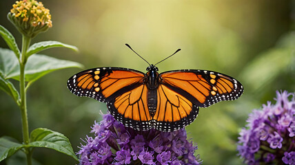 Fototapeta premium Orange monarch butterfly feeding on a purple flower in a summer garden