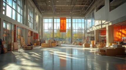 Spacious modern interior with natural light and orange accents