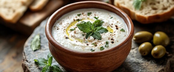 Delicious labneh bowl with fresh mint and olive oil for a healthy meal