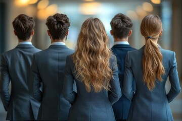 Group of young professionals in tailored suits standing together in a modern office interior during a networking event