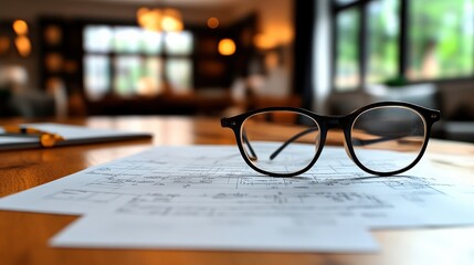 Stylish glasses resting on architectural plans in modern interior setting