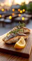 Grilled Salmon Steak with Lemon Wedge and Herbs on Wooden Platter in Outdoor Setting