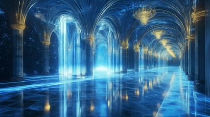 Obraz premium Enchanted hall illuminated by ethereal magic light in a fantasy interior