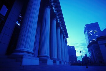 Majestic architectural columns under evening sky with urban backdrop