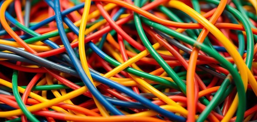 Close-up of tangled plastic electrical cables, cord, fiber