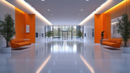 Modern office lobby interior with bright orange accents and open space design