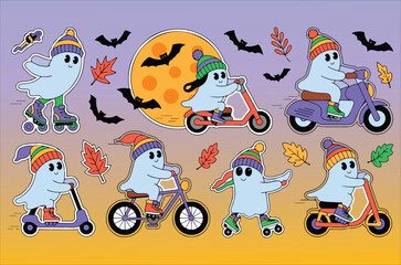Naklejka premium Happy Hauntings Colorful Halloween Ghosts Cute cartoon