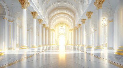 Fototapeta premium Elegant white palace grand hall with golden accents and large windows