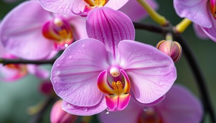 Fototapeta premium Delicate pink orchid blossom, vibrant petals, dew drops, purple, texture