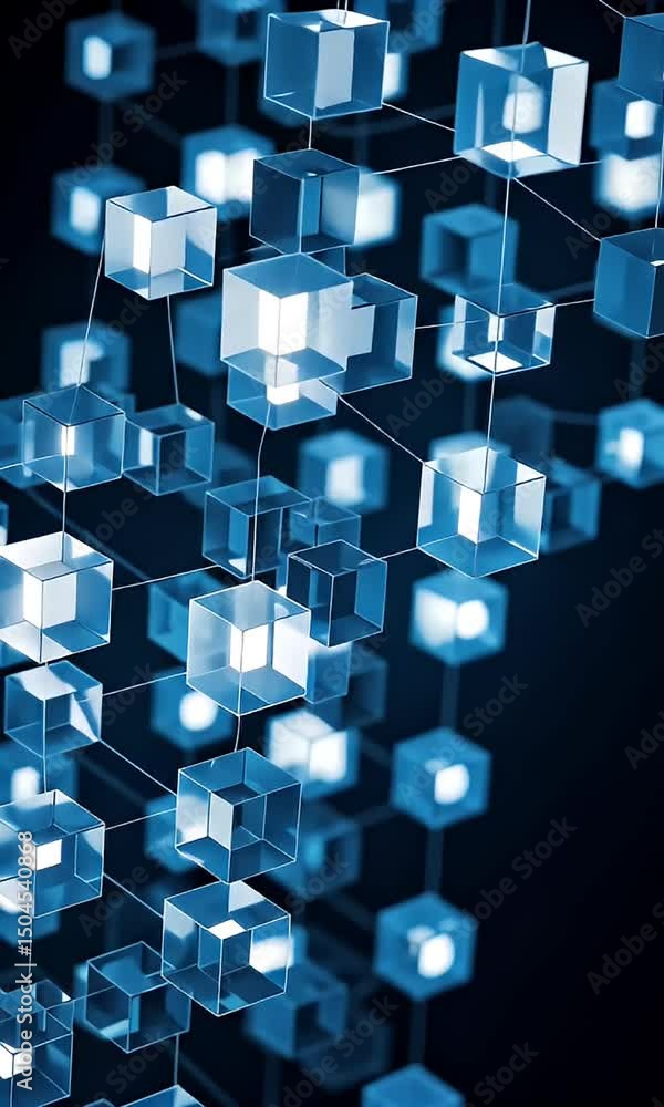 Poster abstract digital composition of interconnected blue cubes displaying network and technology