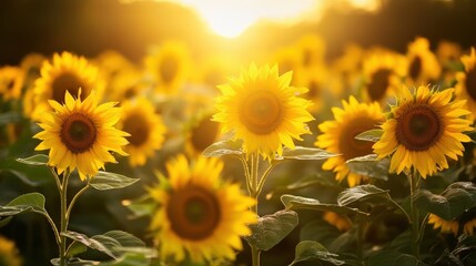 Obraz premium Golden sunflowers in a field bathed in warm sunset light.