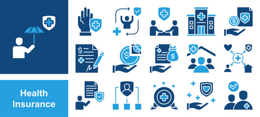 WebHealth insurance icon set with premium, coverage, policyholder, deductible, copayment, claim, provider, network and benefit.