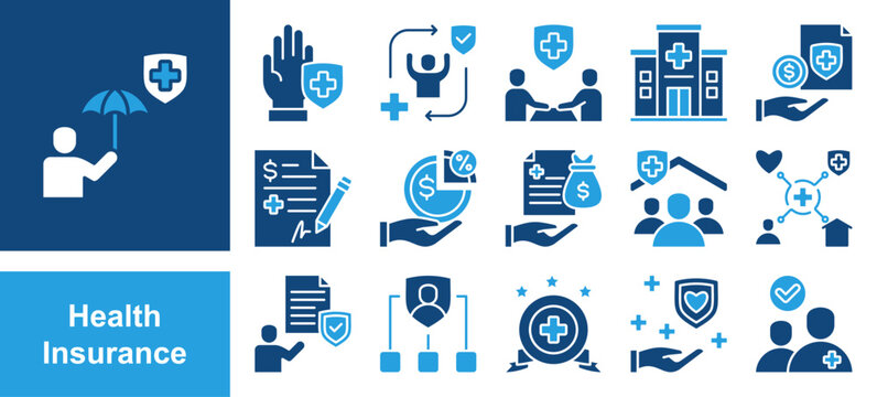 WebHealth insurance icon set with premium, coverage, policyholder, deductible, copayment, claim, provider, network and benefit.