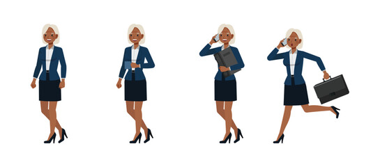 Business woman white hair color wear blue suit character vector illustration design set. Woman walking and running.