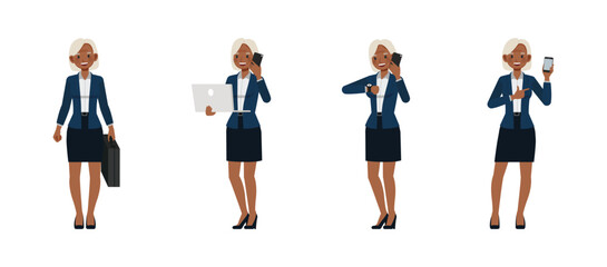 Business woman white hair color wear blue suit character vector illustration design set. Women holding briefcase and talk on phone.