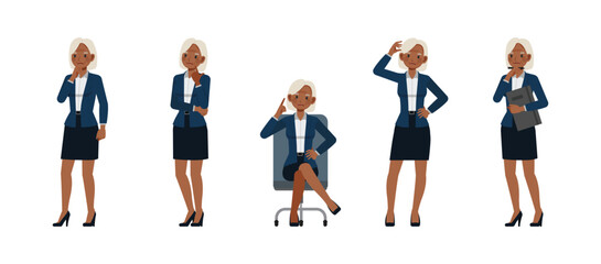 Fototapeta premium Business woman white hair color wear blue suit character vector illustration design set. Women working and thinking.