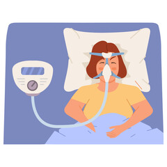 Continuous positive airway pressure.Obstructive sleep apnea.Woman lying on bed.Cpap mask.Patient in hospital cpap therapy.mask fitted over a head. The guy with the oxygen mask fitted over a head.