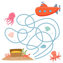 Obraz premium Sunken treasures. A chest of gold.Treasures of sunken ships.Ship underwater game. Submarine a maze.Educational game for children.Underwater quest.Exit from the maze.Help the submarine.
