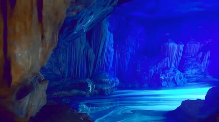A breathtaking hidden crystal cave illuminated by an otherworldly blue glow, reflecting on the still water within