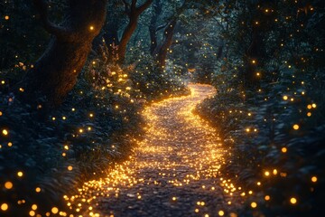 Naklejka premium Magical forest pathway illuminated by glowing lights at dusk