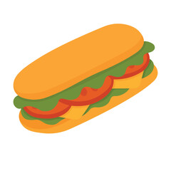 Long sandwich with lettuce, tomato and cheese in a cartoon flat style. Fun food illustration.