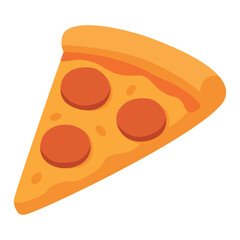 Flat cartoon slice of pizza with cheese, tomato sauce and pepperoni. Fun food illustration.