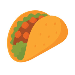 Flat cartoon taco with meat, lettuce and vegetables in a yellow tortilla shell.