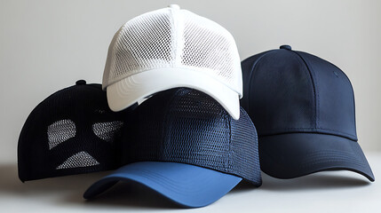 A group of four baseball caps in black white and blue arranged on a white background