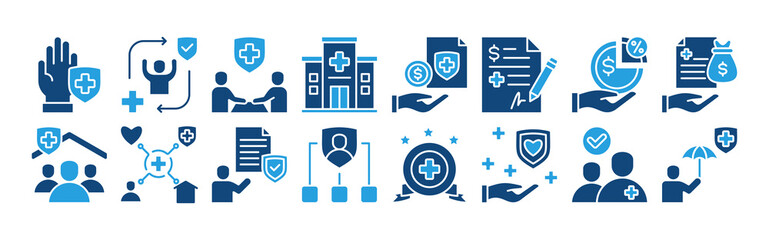 Health insurance icon set with premium, coverage, policyholder, deductible, copayment, claim, provider, network and benefit.